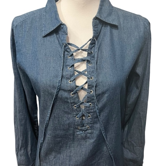 Noble U Lace Up Long Sleeve Collard Chambray Top Blouse Dark Blue Size Small - Picture 7 of 10